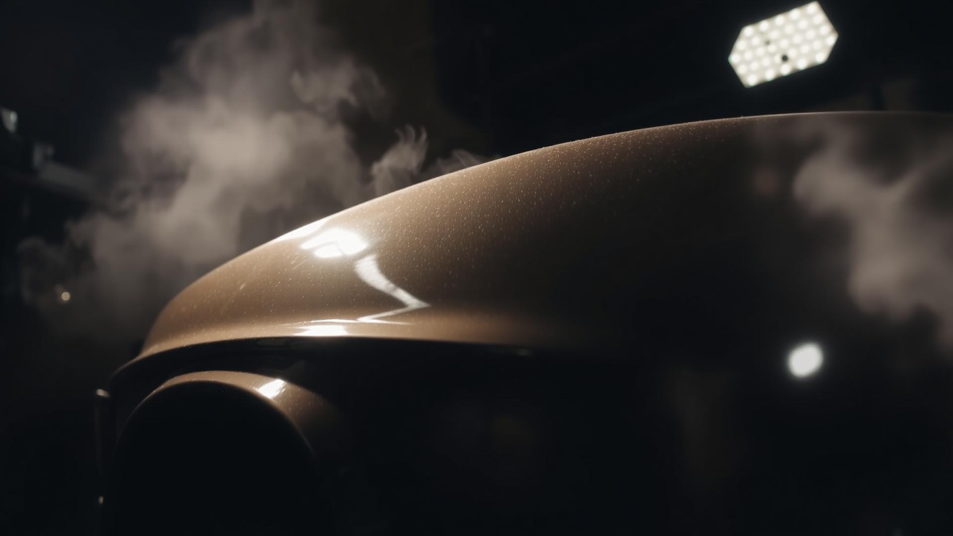 Wet-sanded car fender with glass-deep paint under warm shop light